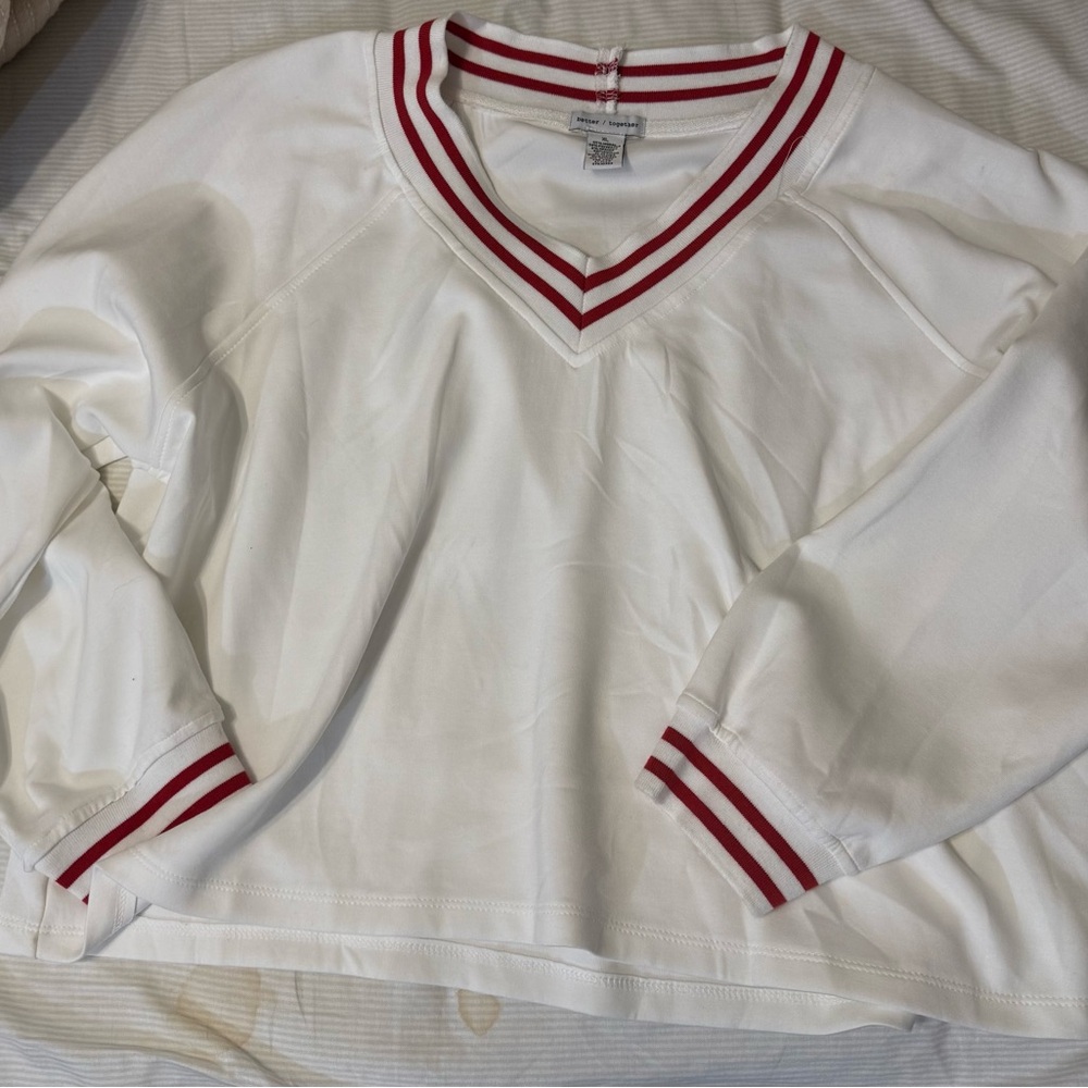 White V-Neck Sweater with Red Stripes